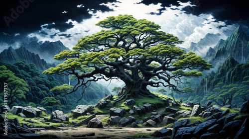 Mystical Ancient Tree Dominating a Lush Green Forest Landscape with Ethereal Light - Fantasy Nature Illustration