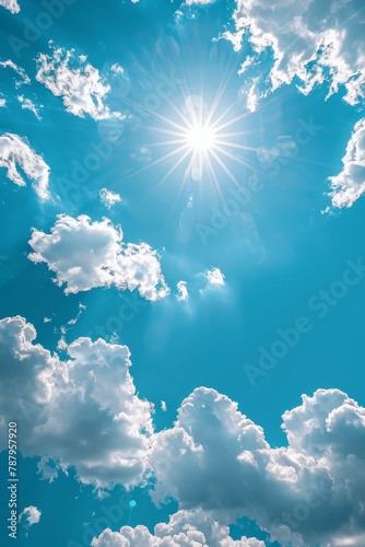 The serene summer day with a heavenly setting showcased a clear blue sky  fluffy clouds  and a majestic backdrop