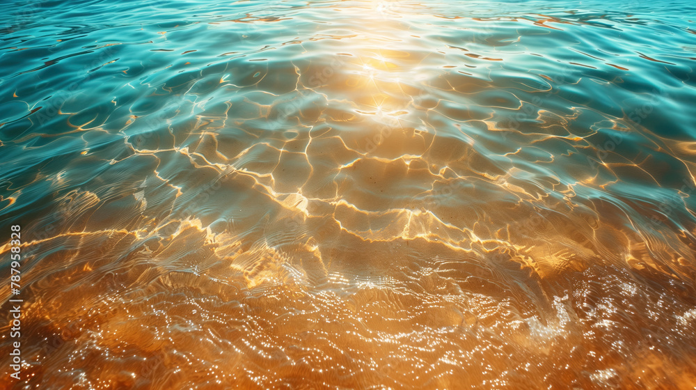 Sunlit water ripples over sandy bottom. A close-up of sunlight dancing on clear water with a sandy riverbed creating a mesmerizing pattern of light and shadow