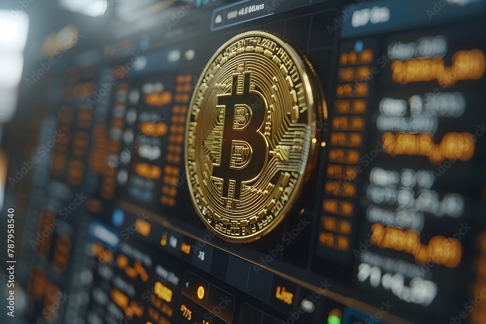 Bitcoin Sign Displayed on Computer Screen. Generative AI Bitcoin Sign Displayed on Computer Screen. Generative AI