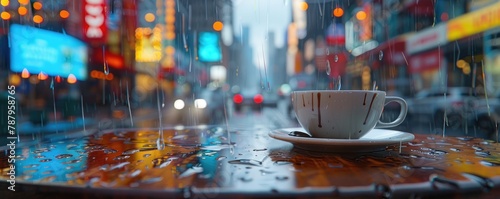 A warm cup of coffee sits on a wet table, looking out onto a rainy city street with cars and buildings.