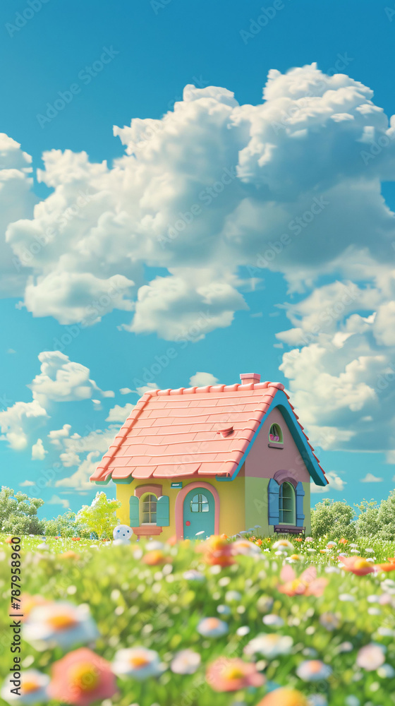 Beginning of summer solar term, outdoor house flowers and grass scene illustration summer travel 3D illustration