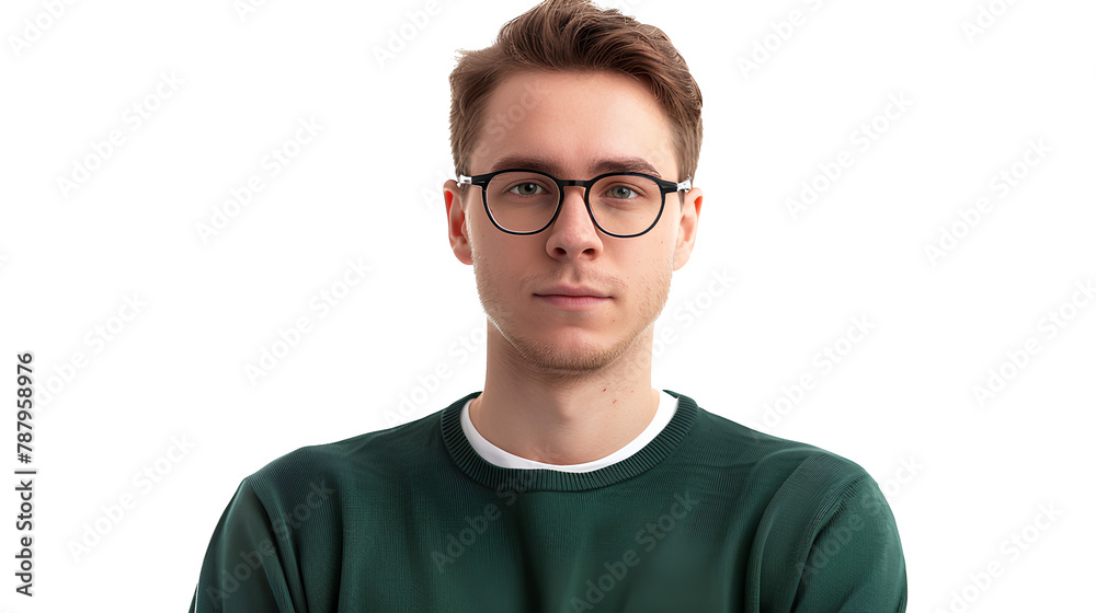 A man with glasses and a green sweater stands isolated on a transparent background