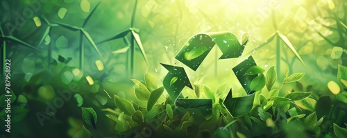 An artistic depiction of a recycling symbol made of lush leaves, suggesting nature and sustainability concepts. photo