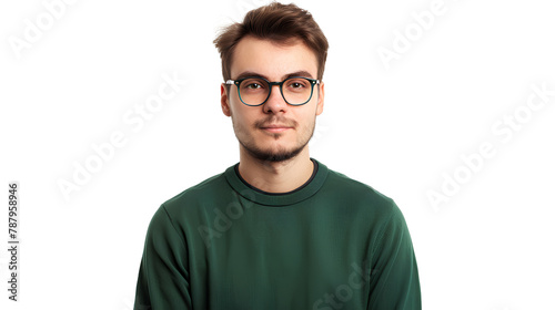 A man with glasses and a green sweater stands isolated on a transparent background © mizan