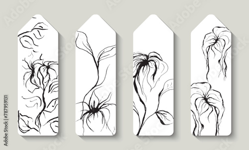 Bookmarks with flowers, and leaves. Bookstore label or flyer.  Vector illustration.