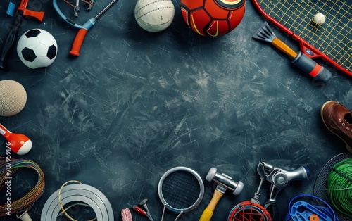 An overhead view background of various sports equipment with empty space