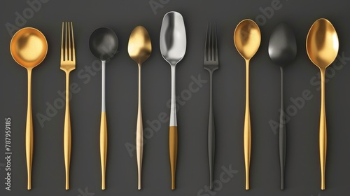 A realistic cutlery set with silver and golden spoons, forks, and knives for different types of food. An eating tool mockup from a top viewpoint on a kitchen or restaurant table.