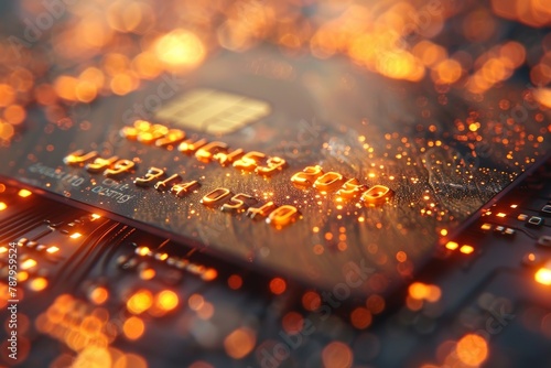 Close-up of a glowing credit card on a circuit board: security, technology, and finance
