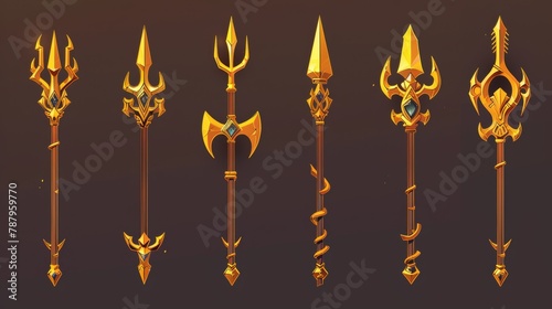 In various stages of decoration and ornamentation, fantasy metallic spear with pitchfork with Poseidon or Neptune magic golden trident for game UI level rank design. Cartoon modern illustration set.
