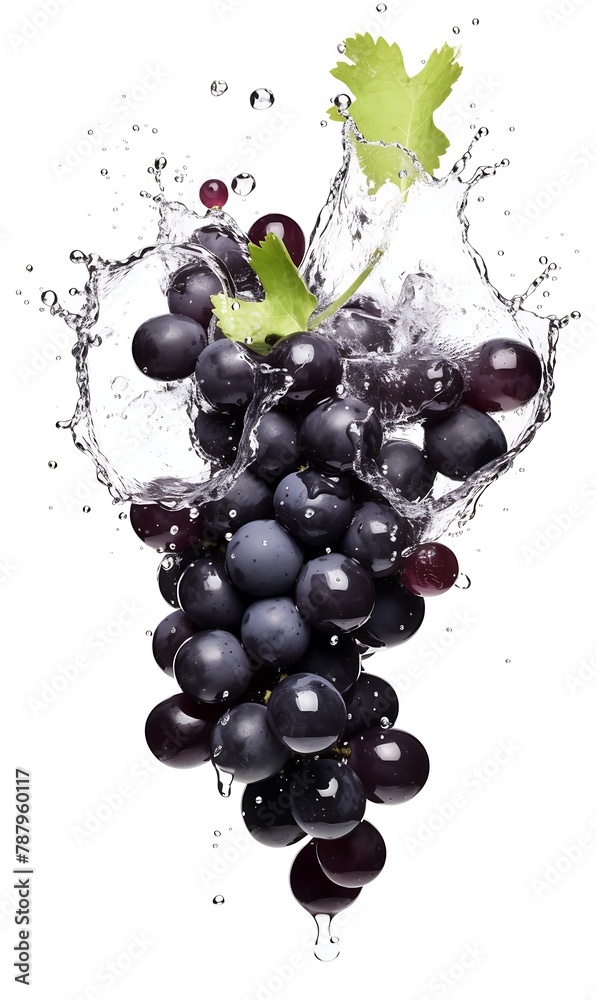 Black grapes and splash of water on white background