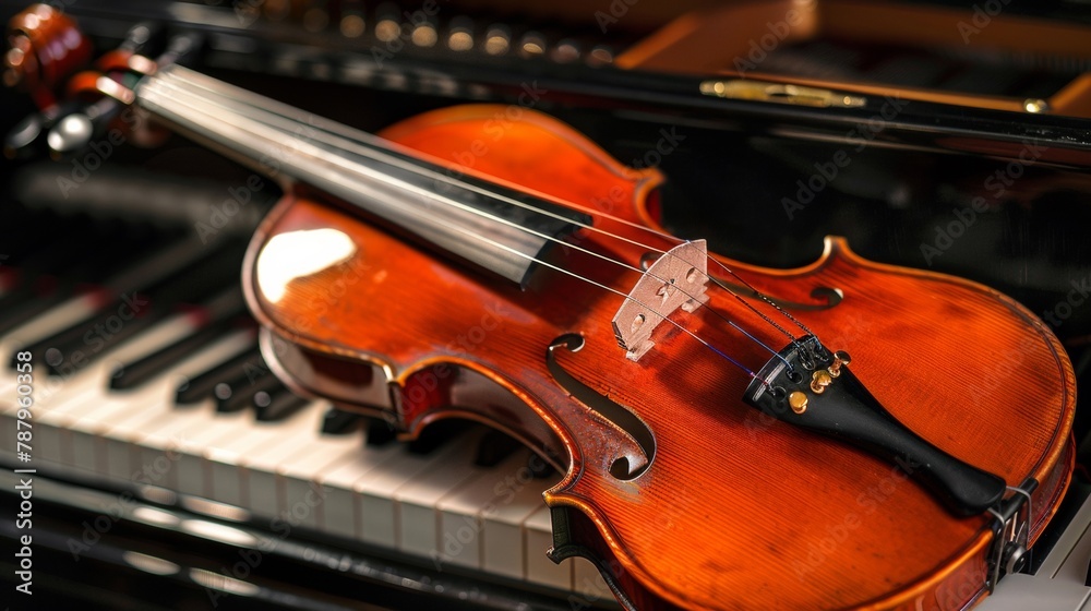 A violin sitting on top of a piano with keys, AI A violin sitting on top of a piano with keys, AI
