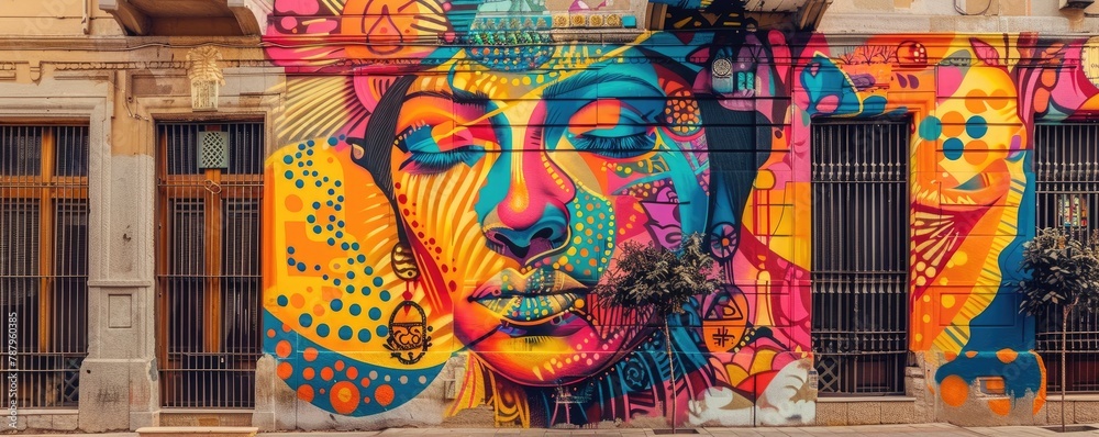 Fototapeta premium Vibrant, wide-angle shot of a colorful mural covering the entire side of a building, depicting artistic faces and abstract elements.