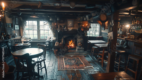 Vintage tavern with rustic charm, wooden beams, and cozy ambiance. Warm lighting invites patrons to enjoy traditional fare and lively conversations in an old-world setting.