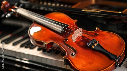 A violin sitting on top of a piano with keys, AI