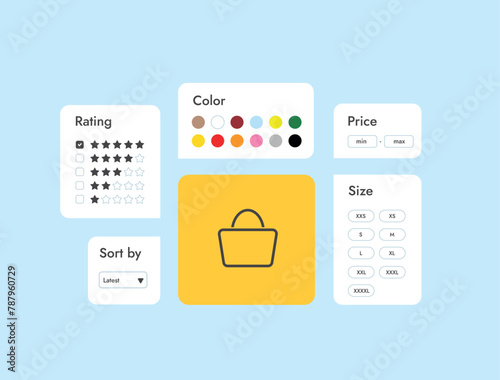 Ecommerce Product Filters - help customers sort offerings by attributes, easing search and boosting sales. Price, rating, color, sizes and other thematic filters in marketplaces and online shops