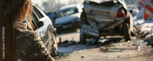 A woman in a leather jacket calls for assistance amidst the wreckage of a car accident, displaying a scene of urgency and trauma.