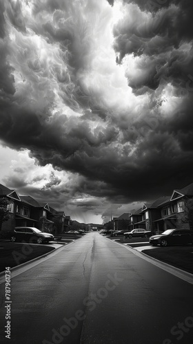 Menacing clouds loom over a quiet suburban street, houses dark, interrupted by occasional lightning flashes