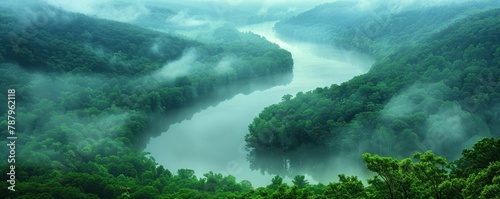 Darkened, brooding clouds over a long, winding river cutting through a dense forest, fog hugging the water surface