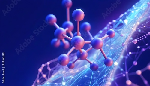 A close-up of a stylized molecular structure with spherical nodes connected by rods, rendered in shades of (purple and blue, set against a fractal background with bokeh light effects