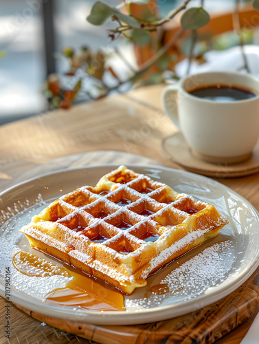 Golden waffle drizzled with syrup on a plate with a coffee, concept of delightful breakfast and sweet cuisine.