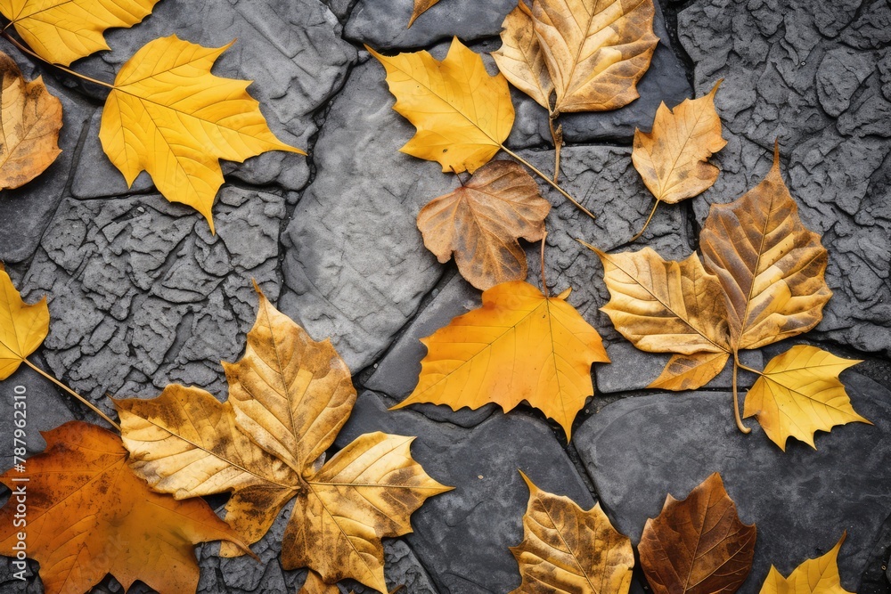Autumn Background with Yellow Leaves on Old Gray Pavement or Granite Cobblestone Road top View