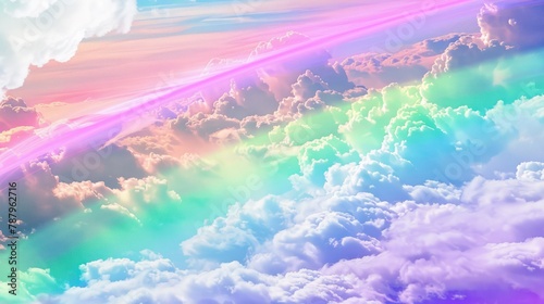 rainbow in the sky fluffy shining clouds , cotton, pink purple pastel colors photo