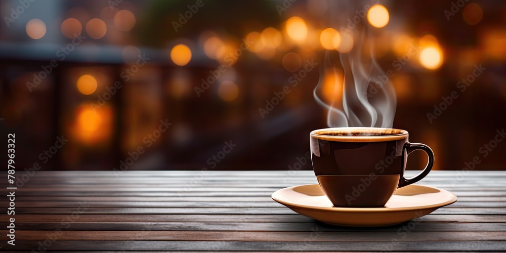 Fresh Black Coffee in Outdoor Cafe, Coffee Cup in Coffeeshop City, Black Coffee on Restaurant Table - obrazy, fototapety, plakaty 