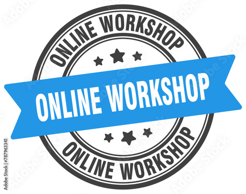 online workshop stamp. online workshop label on transparent background. round sign
