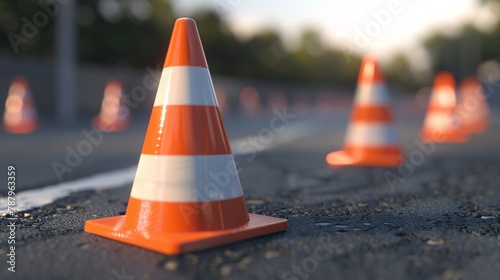 3D render of a traffic cone icon representing road safety and a striped rubber road barrier.