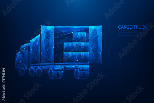 truck cargo and parcel box low poly wireframe. global logistics transportation technology. vector illustration fantastic on blue background.