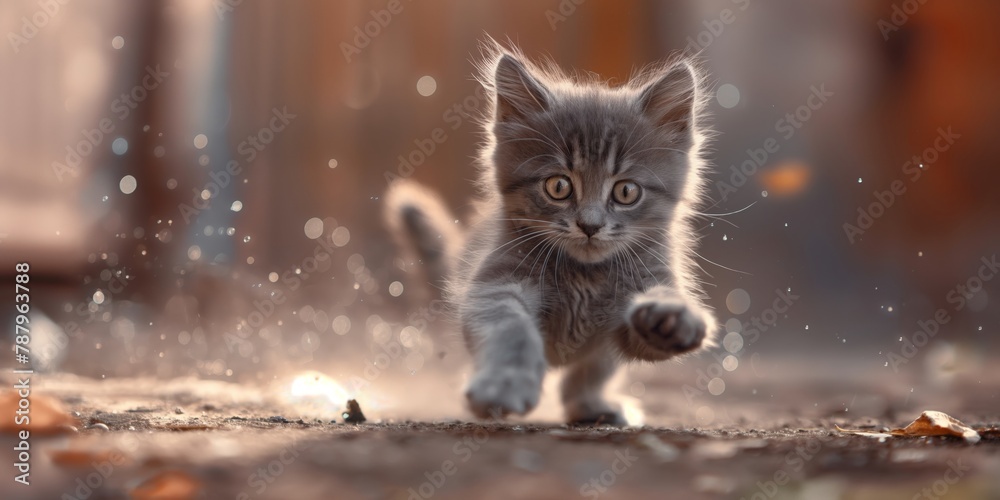 A cute fluffy gray kitten gallops energetically down a dusty path surrounded by specks of dust highlighting a soft background with warm sunlight