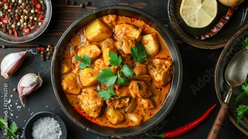 Massaman Curry with Chicken and Potatoes.It is an aromatic curry with a tangy, luxurious taste that is harmonic, sweet and isn't as spicy.Top view