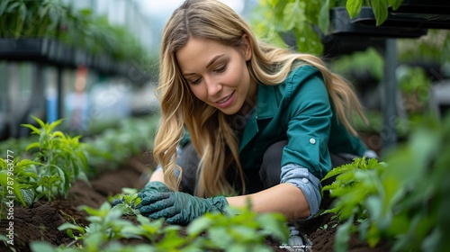 An agronomist conducts agronomy experiments on a farm, examining soil health in her personal laboratory to observe soil organisms. photo