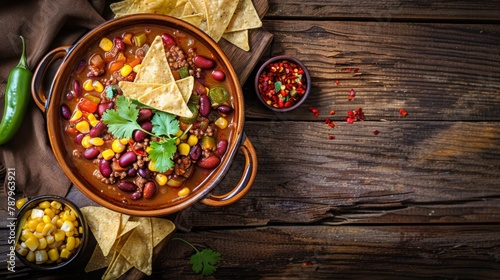 Mexican food chile con carne dish on a wooden backdrop. Bean and corn soup, red bean stew