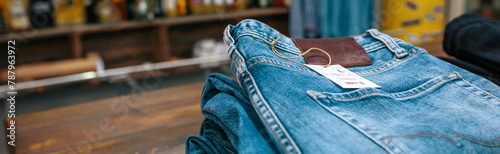 Blue jeans pants stacks over counter on vintage clothes shop with left copy space. Banner of organized clothes ready to sell on store with industrial style. Apparel small business concept.