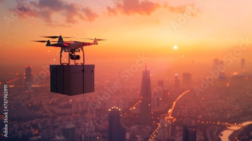 Skyline Delivery: Drone Carrying Package Through Air, Integrating Modern Architecture in the Background, Low-Altitude Economy Concept
