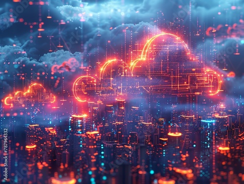 Digital illustration shows scalable cloud infrastructure adapting to rising demand via expanding virtual resources © Fokasu Art