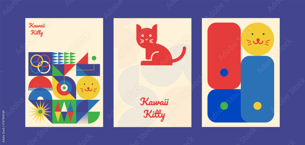 Kawaii Cats vector illustration Smiling Kitty, cute and round-faced cat