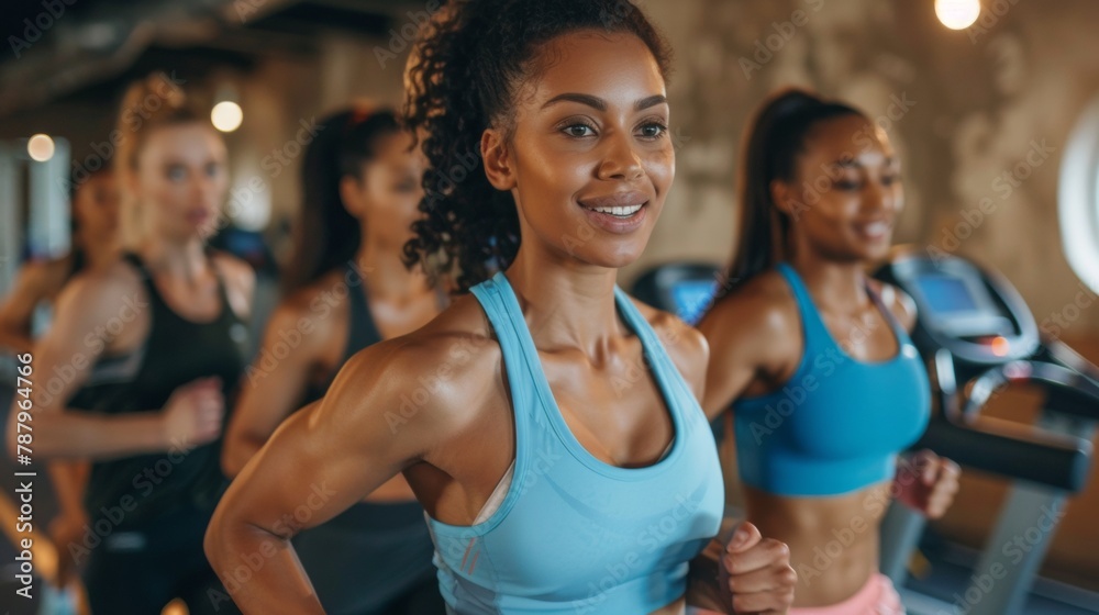 A group of women are running on a treadmill in the gym, AI A group of women are running on a treadmill in the gym, AI
