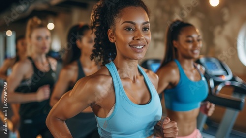 A group of women are running on a treadmill in the gym, AI