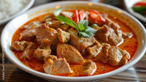 Panaeng Curry with Pork.Sliced Meat in red curry paste and coconut milk.Thai style food.