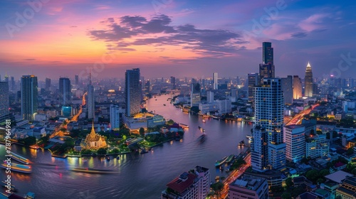 Panorama view of Bangkok city with a curve of Chao Pra Ya river at twilight. photo