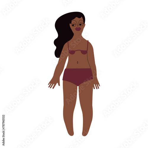 Flat Latino woman in underwear. Brown skin person with black hair in cartoon style for multinational and diversity designs. Vector illustration.