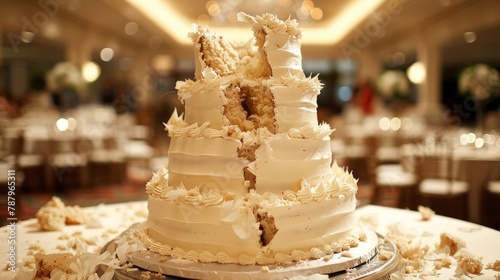 A large wedding cake with a big piece missing from the top, AI © starush