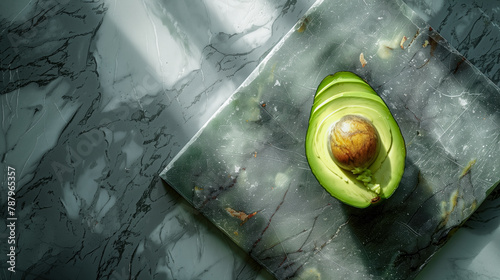 avocado cut in half on a stone surface with copy space