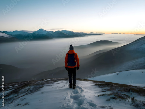 Hiker Traveler with Backpack hiking in the Mountains. mountaineering sport lifestyle concept