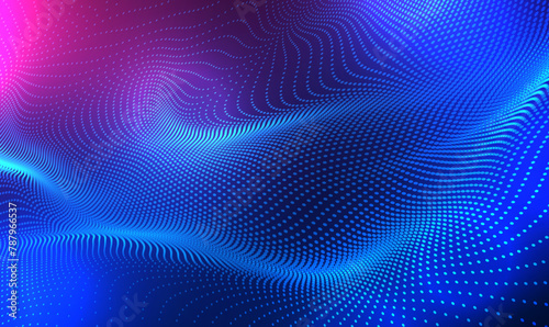 Abstract digital waving 3d particle technology background design. Futuristic moving dots particles, hi-tech and big data visualization for brochures, flyers, magazine, business card, banner. Vector.