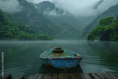 Misty clouds loom over a secluded lake, a small boat bobs gently, profound and unsettling silence fills the air photo
