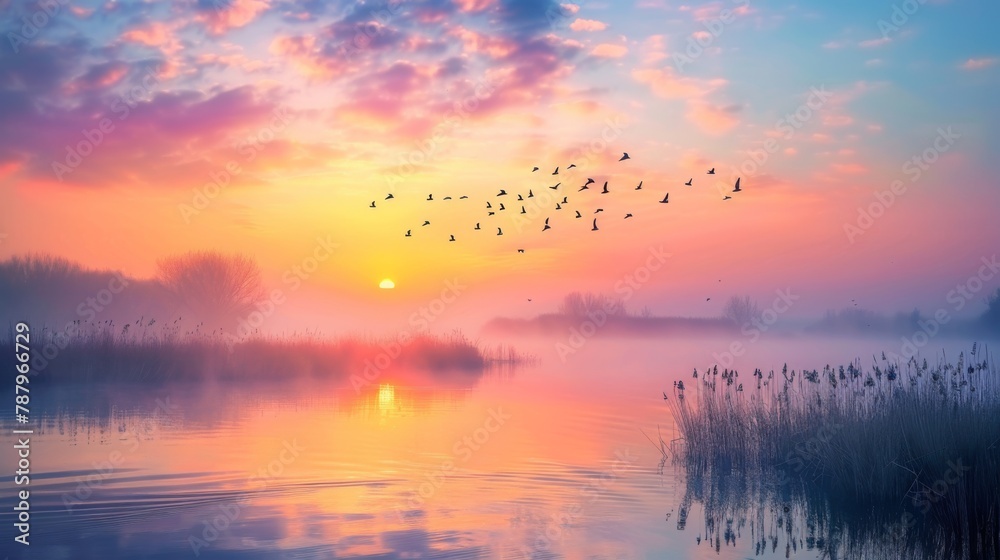 Scenic view of beautiful sunrise or dawn above the pond or lake at spring or early morning with cloudy fog over water and reed with dew. - obrazy, fototapety, plakaty 